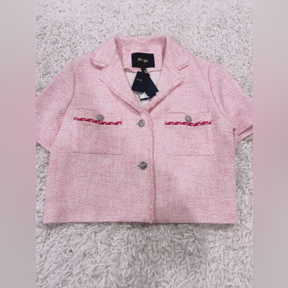 NWT Maje Virosa Cropped Fine Tweed Jacket In Pink - Picture 6 of 8